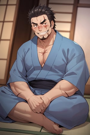 solo male, Gōzaburō Seto, My Bride is a Mermaid, Japanese, short hair, black hair, black eyes, facial hair, thick eyebrows, scar on face, scar on nose, scar across eye, sideburns, yukata, bare_feet, mature, handsome, charming, alluring, grin, Indian Style Sitting, sit cross-legged on tatami, arm crossed, perfect anatomy, perfect proportions, best quality, masterpiece, high_resolution, dutch angle, cowboy shot, photo background