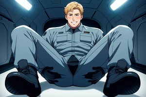 score_9, score_8_up, score_7_up, score_6_up, perfect anatomy, perfect proportions, best quality, masterpiece, high_resolution, high quality, solo male, Lewis Smith, blond hair, short hair, sideburns, blue eyes, black undershirt, pilot jumpsuit, long sleeves, grey jumpsuit, two-tone jumpsuit, tactical gloves, black boots, adult, mature, masculine, manly, handsome, charming, alluring, seductive, (full body), (spread legs, show butt, spread crotch, hands on own butt, feet out of frame), blush, shy, grin, smile, embarrassed, pilot seat, sitting inside the mecha, mecha cockpit, science fiction, holography display, photo background, cinematic, harmonious, bokeh, cinemascope, moody, epic, gorgeous