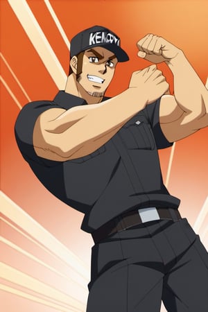 score_9, score_8_up, score_7_up, score_6_up, perfect anatomy, perfect proportions, best quality, masterpiece, high_resolution, high quality, best aesthetic, incredibly absurdres, highres, extremely detailed, huge filesize, mature, masculine, manly, virile, handsome, charming, alluring, bara, male focus, solo male, cowboy shot, dutch angle, source_anime \(Cells at Work! CODE BLACK\), anime coloring \Cells at Work! CODE BLACK\), Memory T Cell \(Cells at Work! CODE BLACK\), CaWBlMemoryTCell, brown hair, brown eyes, thick eyebrow, long sideburns, facial hair, stubble, CaWBKillerTCell_outfit, black cap, Killer T Cell cap \(Cells at Work\), Killer T Cell uniform \(Cells at Work\), black shirt, short sleeves, black pants. from below, low angle, flexing, 
