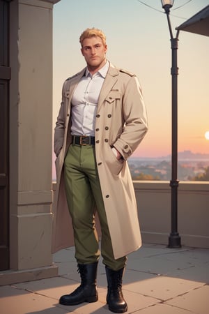 score_9,score_8_up,score_7_up, Reiner Braun, blond hair, short hair, stubble, facial hair, hazel eyes, white collared shirt, light-brown trench coat, (open coat:1.2), military green pants, black combat boots, mature male, solo, standing, perfect anatomy, outdoors, sunset