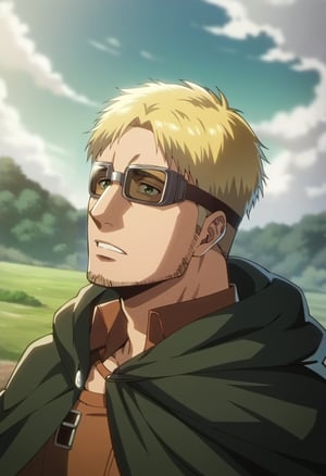score_9, score_8_up, score_7_up, score_6_up, source_anime\(Attack on Titan\), anime screencap, perfect anatomy, perfect proportions, best quality, masterpiece, high_resolution, high quality, aesthetic, absurdres, (male focus), solo male, Abel, ((blond hair)), short hair, (long sideburns, thick facial hair, beard, chinstrap stubble, jawline stubble), paradis military uniform, (open tan color cropped jacket, long sleeves), (open jacket:1.2), (olive green undershirt), (thick-rimmed giggles with bands around head, eyes behind goggles), green cloak\(Attack on Titan\), hooded cloak, hood down, adult, mature, masculine, manly, handsome, charming, alluring, portrait, upper body, dutch angle