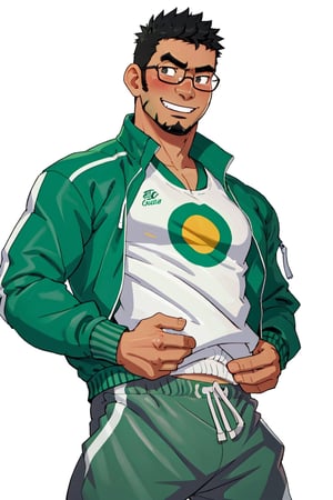 (1 image only), solo male, bara, Kyoichi Ootomo, Live A Hero, Asain, Japanese, athlete, PE teacher, short hair, black hair, green streaked hair, sideburns, black eyes, facial hair, goatee, (wore glasses), tan skin, white bandaid on nose, white t-shirt, ((pure green athletic jacket, open jacket)), grey shorts, sneakers, smile, blush, mature, handsome, charming, alluring, standing, upper body, perfect anatomy, perfect proportions, (best quality, masterpiece), (perfect eyes, perfect eye pupil), perfect hands, high_resolution, dutch angle, school sports ground,(1man)