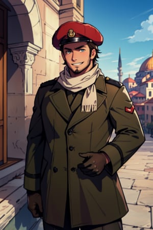 (1 image only), (solo male), 1boy, Sadik Adnan, Turkey, Hetalia: Axis Powers, Turkish male, olive-skinned, facial hair, chinstrap stubble, sideburns, brown hair, short hair, grin, (tan color scarf), (red fez hat), long green military trench coat, brown pants, knee-high boots, black gloves, handsome, mature, charming, alluring, portrait, upper body, perfect anatomy, perfect proportions, 8k, HQ, (best quality:1.2, hyperrealistic:1.2, photorealistic:1.2, masterpiece:1.3, madly detailed photo:1.2), (hyper-realistic lifelike texture:1.2, realistic eyes:1.2), high_resolution, perfect eye pupil, (standing), perfecteyes, Hagia sophia, Istanbul loction, Islamic building, better_hands, perfecteyes,TurkeyHetalia