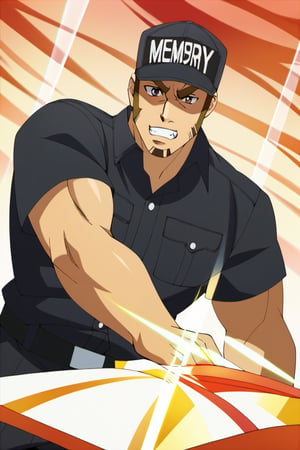 score_9, score_8_up, score_7_up, score_6_up, perfect anatomy, perfect proportions, best quality, masterpiece, high_resolution, high quality, best aesthetic, incredibly absurdres, highres, extremely detailed, huge filesize, mature, masculine, manly, virile, handsome, charming, alluring, bara, male focus, solo male, cowboy shot, dutch angle, source_anime \(Cells at Work! CODE BLACK\), anime coloring \Cells at Work! CODE BLACK\), Memory T Cell \(Cells at Work! CODE BLACK\), CaWBlMemoryTCell, brown hair, brown eyes, thick eyebrow, long sideburns, facial hair, stubble, CaWBKillerTCell_outfit, black cap, Killer T Cell cap \(Cells at Work\), Killer T Cell uniform \(Cells at Work\), black shirt, short sleeves, black pants
