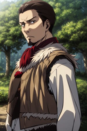 solo male, Artur Braus, Attack on Titan Anime style, hunter, shaggy brown hair, hair slicked back, brown eyes, sideburns, beard, thin goatee, white shirt, (single vest), (brown fur trim vest, close vest:1.9), long sleeves, (loose red cravat:1.9), black pants, hat, middle-age, mature, handsome, charming, alluring, standing, upper body, perfect anatomy, perfect proportions, best quality, masterpiece, high_resolution, dutch angle, cowboy shot, photo background, forest
