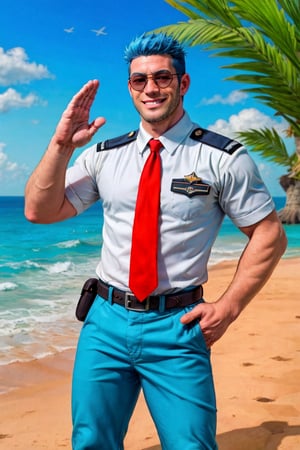 (1 image only), solo male, Wilbur, Animal Crossing, personification, pure blue hair, short hair, black eyes, blue facial hair, jawline stubble, aviation pilot uniform, white collor shirt, red necktie, epaulette, aviator sunglasses, blue pants, socks, black footwear, bandaid on nose, mature, dilf, bara, handsome, charming, alluring, grin, standing, upper body, hand in pocket, (two-finger salute), perfect anatomy, perfect proportions, (best quality, masterpiece), (perfect eyes, perfect eye pupil), perfect hands, high_resolution, dutch angle, cowboy shot, seaside, summer