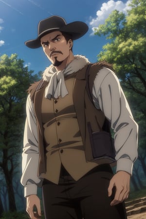 solo male, Artur Braus, Attack on Titan Anime style, hunter, shaggy brown hair, hair slicked back, brown eyes, sideburns, thin moustache, thin goatee, white shirt, ((brown fur trim vest, close vest)), long sleeves, ((loose red cravat)), black pants, hat, middle-age, mature, handsome, charming, alluring, standing, upper body, perfect anatomy, perfect proportions, best quality, masterpiece, high_resolution, dutch angle, cowboy shot, photo background, forest
