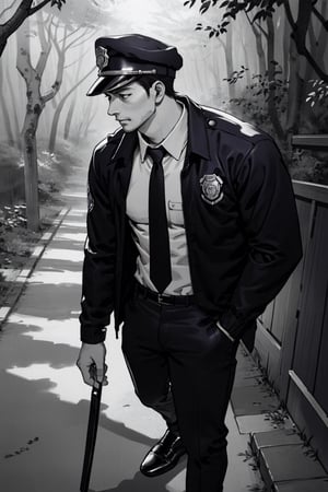 (1 image only), solo male, Agawa Daigo, Gannibal, Asian ,Japanese, black hair, short hair, thin stubble, black eyes, policeman, white collared shirt, dark blue necktie, black jacket, long sleeves, black sleeves, (buttoned up jacket), dark blue pants, black shoes, police peaked cap, (adjusting cap), mature, handsome, charming, alluring, perfect anatomy, perfect proportions,(perfect eyes), perfect hands, rural, pastoral, forest, creep, suspense, horror, manga, greyscale, monochrome, (manga brushwork style, traditional drawing)