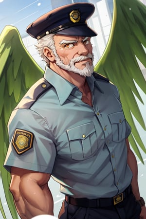 (1 image only), solo male, bara, Hogen, Tokyo Afterschool Summoners, Asain, Japanese, Tengu, old man, white hair, short hair, gold eyes, thick eyebrows, white facial hair, white beard, Japanese police uniform, Japanese police hat, pure aqua-color collared shirt, pure aqua-color sleeves, mature, handsome, charming, alluring, standing, upper body in frame, perfect anatomy, perfect proportions, 2D, anime, (best quality, masterpiece), (perfect eyes, perfect eye pupil), high_resolution, dutch angle, (Tokyo city street), better_hands, green wings,best quality