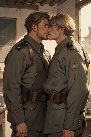 ((2peoplei)), 1 mature man giver(brown hair),1 mature dad receiver(blond hair), looking each other, ((uniform)), short hair, stubble, dilf, different hair style, different hair color, different face, makeout, eye contact, gay, homo, skight shy, charming, alluring, seductive, highly detailed face, detailed eyes, perfect light, 1910s military office room, retro, (best quality), (8k), (masterpiece), best quality, 1 image, ww1ger,  rugged, manly, hunk, perfect anatomy, perfect proportions, perfect perspective, mature, reverse kiss