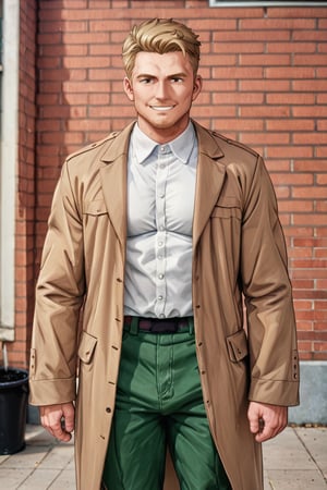 solo male, Reiner Braun, blond hair, short hair, facial hair, stubble, hazel eyes, thin eyebows, blond eyebows, (masculine, mature), (pure white collared shirt:1.3), light-brown trench coat, (long coat, open coat:1.2), military dark green pants, black combat boots, handsome, charming, alluring, standing, upper body, slight smile, mouth, perfect anatomy, perfect proportions, best quality, masterpiece, high_resolution, dutch angle, cowboy shot, photo background, score_9_up, historical europe ciry, brick walls