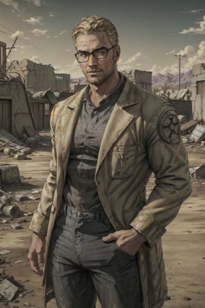 1boy, solo, Arcade Gannon, Fallout: New Vegas, doctor, scientist, 35 years old, tall, blonde hair, short hair, green eyes, wore glasses, handsome, grey collared shirt, white lab coat, military pants, black combat boots, perfect anatomy, perfect proportions, 8k, HD, HQ, (best quality:1.2, masterpiece, madly detailed photo), detailed, perfect face, perfect eye pupil, detailed eyes, high_resolution, perfecteyes, (upper body in frame, portrait), handsome, charming, alluring, sexy, erotic, Fallout: New Vegas location, Mojave Wasteland, post-apocalyptic ruins, desolated landscape, dark blue sky,(dutch angle)