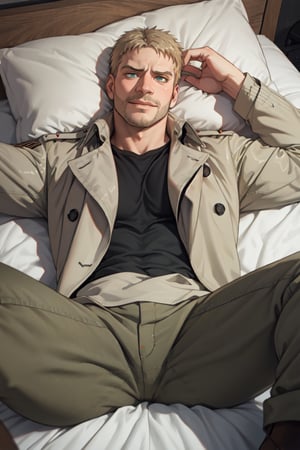 reiner_braun  1boy, solo, (extremely detailed CG unity 8k wallpaper), (masterpiece), (best quality), (ultra-detailed), (best illustration), (best shadow), upper body, (lying on bed, on back, spread legs), masculine, stubble, handsome, charming, alluring, smirk, awkward, shy, blush, perfect eyes, white collared shirt, (widely open tan trench coat), (military green pants), perfect anatomy, perfect proportions, reiner braun, perfecteyes, arms rised