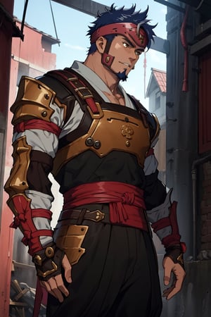 solo male, Kibito Araka, Kabaneri of the Iron Fortress, short hair, dark blue hair, brown-golden  eyes, goatee, muscular build, tall, bushi armor, Armored Skirt Haidate, orange plated cuirass, padded sleeves, khaki pants, brown gauntlet, fingerless gauntlet, purple armored faceplate, black puttee, sandals, mature, handsome, charming, alluring, standing, upper body, perfect anatomy, perfect proportions, best quality, masterpiece, high_resolution, dutch angle, cowboy shot, photo background