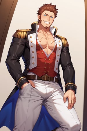 score_9, score_8_up, score_7_up, score_6_up, perfect anatomy, perfect proportions, best quality, masterpiece, high_resolution, high quality, aesthetic, absurdres, (male focus), solo male, napoleon bonaparte \(fate\), fate \(series\), fate/grand order, blue eyes, brown hair, short hair, long sideburns, facial hair, goatee, scar on chest, military uniform, napoleon bonaparte uniform\(fate\), white collared shirt, partially unbuttoned shirt, red vest, partially unbuttoned vest, black jacket, long sleeves, epaulettes, white pants, adult, mature, masculine, manly, handsome, charming, alluring, grin, standing, upper body, dutch angle, cowboy shot, from below. pectoral cleavage, collarbone, one knee bend 