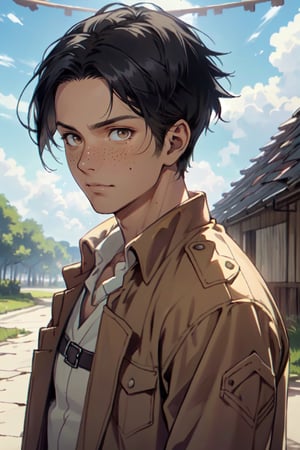 Marco Bott, (short hair:1.2) (black hair, straight hair, center-parted short hair, very short curtained hair:1.2), (bare forehead:1.2), (light brown eyes, normal size eyes), wearing pure white collared shirt, tan jacket, skight freckles, handsome, charming, alluring, friendly, (standing), (upper body in frame), simple background, green plains, cloudy blue sky, perfect light, only1 image, perfect anatomy, perfect proportions, perfect perspective, 8k, HQ, (best quality:1.5, hyperrealistic:1.5, photorealistic:1.4, madly detailed CG unity 8k wallpaper:1.5, masterpiece:1.3, madly detailed photo:1.2), (hyper-realistic lifelike texture:1.4, realistic eyes:1.2), picture-perfect face, perfect eye pupil, detailed eyes, realistic, HD, UHD, (front view:1.2), portrait, looking outside frame, AttackonTitan