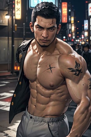 (1 image only), solo male, 1boy, Masaharu Kaito, Yakuza, 38 years old, Asian, Japanese, brown eyes, black hair, short hair, cropped black hair, chinstrap beard, small scar cuts through left eyebrow, handsome, (topless, shirtless), light grey dress pants, black slip-on leather loafers, fit body, mature, manly, hunk, masculine, virile, confidence, charming, alluring, upper body in frame, night at Kabukicho Tokyo, perfect anatomy, perfect proportions, 8k, HQ, (best quality:1.5, hyperrealistic:1.5, photorealistic:1.4, madly detailed CG unity 8k wallpaper:1.5, masterpiece:1.3, madly detailed photo:1.2), (hyper-realistic lifelike texture:1.4, realistic eyes:1.2), high_resolution, picture-perfect face, perfect eye pupil, detailed eyes, perfecteyes, perfecteyes, dutch angle