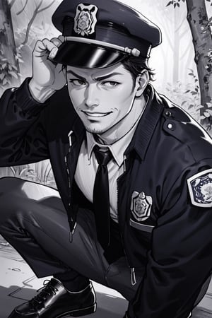 (1 image only), solo male, Agawa Daigo, Gannibal, Asian ,Japanese, black hair, short hair, thin stubble, black eyes, policeman, white collared shirt, dark blue necktie, black jacket, long sleeves, black sleeves, (buttoned up jacket), dark blue pants, black shoes, police peaked cap, (adjusting cap), mature, handsome, charming, alluring, perfect anatomy, perfect proportions, (perfect eyes), perfect hands, rural, pastoral, forest, creep, suspense, horror, bloody, manga, greyscale, monochrome, (manga brushwork style, traditional drawing), (portrait
, close-up), looking_at_viewer, grin