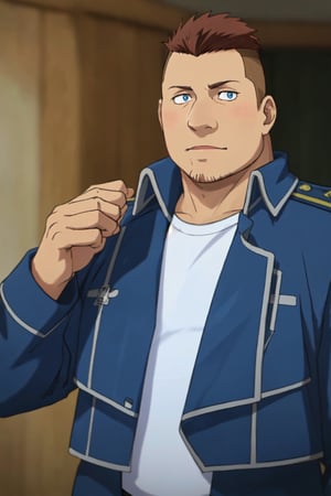 (1 image only), solo male, 1boy, Heymans Breda, Fullmetal Alchemist, anime, 2D, blue eyes, brown hair, short hair, high fade, stubble, handsome, (chubby), open (pure blue military uniform, blue coat, white t-shirt), confidence, charming, alluring, upper body in frame, perfect anatomy, perfect proportions, 8k, HQ, (best quality:1.2, hyperrealistic:1.2, photorealistic:1.2, masterpiece:1.3, madly detailed photo:1.2), (hyper-realistic lifelike texture:1.2, realistic eyes:1.2), high_resolution, perfect eye pupil, dutch angle,best quality, (long sleeves),chubby
