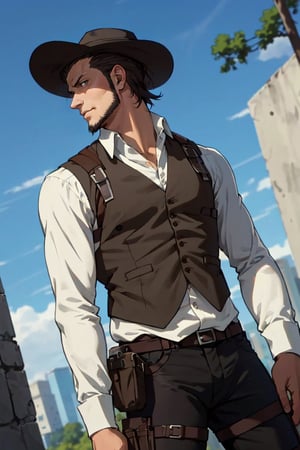 solo male, Kenny Ackerman, Attack on Titan Anime style, brown hair, hair slicked back, grey eyes, sideburns, thin beard along jawline, white collared shirt, long sleeves, (simple black vest, long vest), black pants, (dark fedora hat), (vertical maneuvering equipment, metal armor, holster), athletic build, middle-age, mature, handsome, charming, alluring, standing, upper body, perfect anatomy, perfect proportions, best quality, masterpiece, high_resolution, dutch angle, cowboy shot, photo background