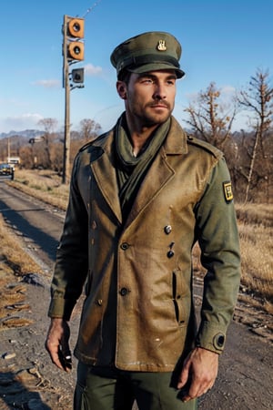 Robert MacCready, blue eyes, light brown hair, facial hair, tan duster coat, (hat:1.2), ammo pouches, long-sleeved, white undershirt, military green scarf, military green pants, fit body, handsome, charming, alluring, dashing, intense gaze, (standing), (upper body in frame), ruined overhead interstate, Fallout 4 location, post-apocalyptic ruins, desolated landscape, dark blue sky, polarising filter, perfect light, only1 image, perfect anatomy, perfect proportions, perfect perspective, 8k, HQ, (best quality:1.2, hyperrealistic:1.2, photorealistic:1.2, madly detailed CG unity 8k wallpaper:1.2, masterpiece:1.2, madly detailed photo:1.2), (hyper-realistic lifelike texture:1.2, realistic eyes:1.2), picture-perfect face, perfect eye pupil, detailed eyes, realistic, HD, UHD, (front view:1.2), portrait, looking outside frame,(1man),muscular,Masterpiece