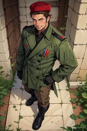 (1 image only), (solo male), 1boy, Sadik Adnan, Turkey, Hetalia: Axis Powers, Turkish male, olive-skinned, facial hair, chinstrap stubble, sideburns, (clean face), brown eyes, brown hair, short hair, grin, small red fez hat, long green military trench coat, brown pants, knee-high boots, black gloves, handsome, mature, charming, alluring, full body, perfect anatomy, perfect proportions, 8k, HQ, (best quality:1.2, hyperrealistic:1.2, photorealistic:1.2, masterpiece:1.3, madly detailed photo:1.2), (hyper-realistic lifelike texture:1.2, realistic eyes:1.2), high_resolution, perfect eye pupil, (standing), perfecteyes, Hagia sophia loction, building, better_hands, perfecteyes