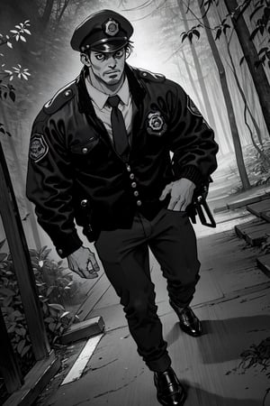 (1 image only), solo male, Agawa Daigo, Gannibal, Asian ,Japanese, black hair, short hair, stubble, black eyes, policeman, white collared shirt, dark blue necktie, black jacket, long sleeves, buttoned up jacket, dark blue pants, black shoes, Japanese police peaked cap, mature, handsome, charming, alluring, perfect anatomy, perfect proportions, (best quality, masterpiece), (perfect eyes), perfect hands, high_resolution, dutch angle, cowboy shot, rural .pastoral, forest, creep, suspense, horror, manga, greyscale, monochrome,boichi manga style,best quality
