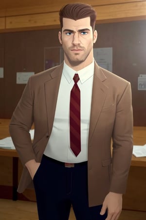 (1 image only), solo male, bara, Chase Devineaux, French, detective, brown hair, short hair, hair slicked back, brown eyes, sideburns, facial hair, broad stubble, white collared shirt, striped brown/red necktie, pure brown suit jacket, pants, mature, handsome, charming, alluring, standing, upper body , perfect anatomy, perfect proportions, 2D, anime, (best quality, masterpiece), (perfect eyes, perfect eye pupil), high_resolution, dutch angle, perfect hands