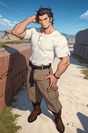 (1 image only), solo male, Kaburagi, Deca Dence, greying black hair, slicked back hair, thick eyebrows, sideburns, goatee, green eyes, scar, tucked-in wide necked short-sleeved white shirt, sleeves tucked up and buttoned, short sleeves, olive wide worker pants, black belt tied, brown boots. simplpe leather bracelet, toned male, mature, handsome, charming, alluring, standing, hand on waist, perfect anatomy, perfect proportions, best quality, masterpiece, high_resolution, dutch angle, outdoors, day, blue sky, science fiction, citadel on sky, photo background, better_hands, (perfect hand, perfect fingers:1.4)