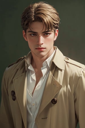 (renaissance:1.3), renaissance painting, reiner braun(blond hair, short hair, stubble, bare forehead:1.2), (hazel eyes:1.3), fit body, (wearing pure white collared shirt, button up shirt:1.3), (unbutton open brown trench coat, military green pants, black combat boots:1.2), show chest shirt, manly, bulky, charming, alluring, sleazy, high fantasy, (standing), (upper body in frame), dawn, cinematic lighting, perfect anatomy, perfect proportions, perfect perspective, 8k, HQ, (best quality:1.5, hyperrealistic:1.5, photorealistic:1.4, madly detailed CG unity 8k wallpaper:1.5, masterpiece:1.3, madly detailed photo:1.2), (hyper-realistic lifelike texture:1.4, realistic eyes:1.2), picture-perfect face, perfect eye pupil, detailed eyes, realistic, HD, UHD, look at viewer,  (portrait close-up)