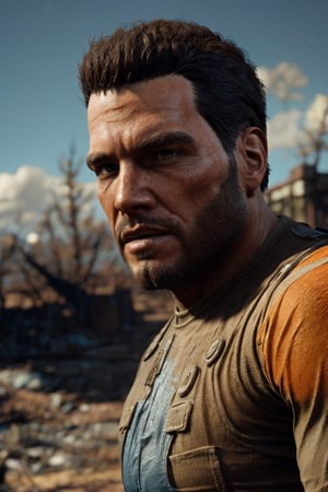 solo male, realistic, Paladin Danse, Fallout 4, short hair, warm black hair, light brown eyes, beard, orange-gray Brotherhood of Steel uniform, orange-gray bodysuit, gloves, boots, mature, handsome, charming, alluring, ((portrait, headshot, close-up)), perfect anatomy, perfect proportions, best quality, masterpiece, high_resolution, dutch angle, photo background, ruined overhead interstate, Fallout 4 location, post-apocalyptic ruins, desolated landscape, dark blue sky,Masterpiece