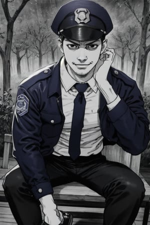 (1 image only), solo male, Agawa Daigo, Gannibal, Asian ,Japanese, black hair, short hair, thin stubble, black eyes, policeman, white collared shirt, dark blue necktie, black jacket, long sleeves, black sleeves, (buttoned up jacket), dark blue pants, black shoes, police peaked cap, ((hand adjusting cap)), mature, handsome, charming, alluring, perfect anatomy, perfect proportions, rural, pastoral, forest, creep, suspense, horror, bloody, manga, greyscale, monochrome, (manga brushwork style, traditional drawing), (portrait
, close-up), looking_at_viewer, smirk, upperbody, HORROR,boichi manga style