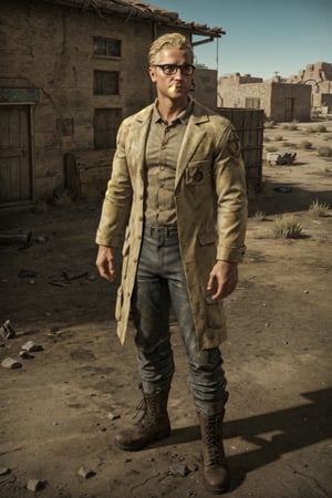 1boy, solo, Arcade Gannon, Fallout: New Vegas, doctor, scientist, 35 years old, tall, blonde hair, short hair, green eyes, wore glasses, handsome, grey collared shirt, white lab coat, military pants, black combat boots, perfect anatomy, perfect proportions, 8k, HD, HQ, (best quality:1.2, masterpiece, madly detailed photo), detailed, perfect face, perfect eye pupil, detailed eyes, high_resolution,perfecteyes, portrait, Fallout: New Vegas location, Mojave Wasteland, post-apocalyptic ruins, desolated landscape, dark blue sky