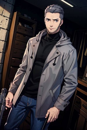 (1 image only), solo male, Munehisa Iwai,  Persona, Asian, Japanese, Weapons Dealer, grey hair, short hair, crewcut, stubble, grey eyes, sideburns, black turtleneck sweater, long gray coat, open coat, coat hood down, simple blue jeans, black leather boots, mature, masculine, handsome, charming, alluring, smile, perfect anatomy, perfect proportions, (best quality, masterpiece), (perfect eyes), high_resolution, dutch angle, [cowboy shot], weapon shop