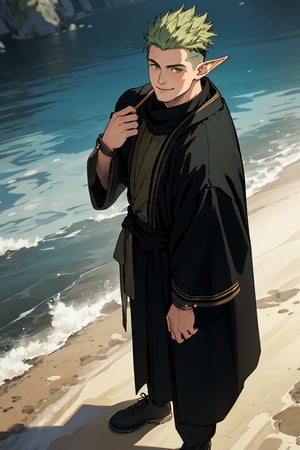 solo male, Kraft\(Frieren: Beyond Journey's End\), elf, masculine, manly, smile, (olive green hair), short hair, undercut, multicolored hair, green eyes, pointed ears, BREAK (above-knee-length-robe, black robe with yellow-cuff-trim:1.4), button up robe, (wide black pants), (cream-colored-stole\(scarf\):1.2), white puttee, shoes, necklace, mature, handsome, charming, alluring, standing, upper body, perfect anatomy, perfect proportions, best quality, masterpiece, high_resolution, dutch angle, cowboy shot, photo background