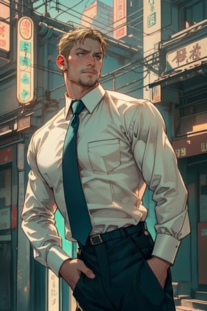 (1 image only), solo male, reiner braun, hazel eyes, blond hair, short hair, bare forehead, (facial hair, stubble), (pure light-blue collared shirt1.2, deep-blue necktie:1.2, black pants), (tucked-in shirts), mature, manly, hunk, masculine, virile, confidence, charming, alluring, slight smile, standing, upper body in frame, (1920s artdeco style luxury black and gold pattern background:1.2), perfect anatomy, perfect proportions, 8k, HQ, (best quality:1.5, hyperrealistic:1.5, photorealistic:1.4, madly detailed CG unity 8k wallpaper:1.5, masterpiece:1.3, madly detailed photo:1.2), (hyper-realistic lifelike texture:1.4, realistic eyes:1.2), picture-perfect face, perfect eye pupil, detailed eyes,perfecteyes,neon_nouveau