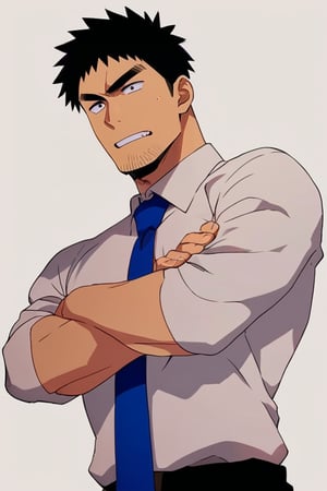 score_9, score_8_up, score_7_up, score_6_up, 2d, anime, perfect anatomy, perfect proportions, best quality, masterpiece, high_resolution, high quality, solo male, Harumi Takeda, takeda harumi \(shiromanta\), black hair, short hair, facial hair, stubble, black eyes, thick eyebrows, sanpaku, constricted pupils, (white collared shirt), roll up sleeves, blue necktie, black pants, adult, mature, masculine, manly, handsome, charming, alluring, standing, calm, friendly, grin, (upper body, crossed arms), (perfect arms, perfect hands), dutch angle, cowboy shot, simple background, view from side