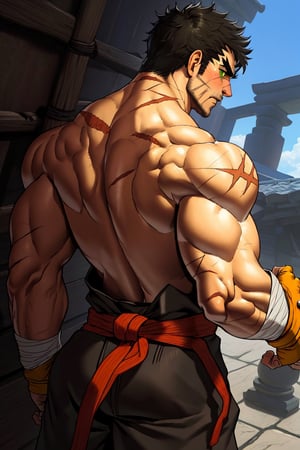 solo male, Grappler, Dungeon Fighter, black hair, short hair, brown eyes, thick eyebrows, forked eyebrows, stubble, green eyes, scars on face, scar on cheek, scar on chest, pectorals, pectoral cleavage, topless, shirtless, (from behind), nape, back, black martial arts pants, yellow fingerless gloves, barefoot, bandaged hand, toned male, mature, masculine, hunk, handsome, charming, alluring, blush, shy, serious, clothes down, upper body, perfect anatomy, perfect proportions, perfect eyes, perfect, parfect fingers, best quality, masterpiece, high_resolution, dutch angle, photo background,