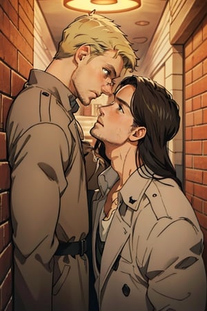 couple, ((2people)), first man giver(Eren Jaeger, ,erenad, black hair, long hair, long straight hair, hair down, stubble, grey-green eyes:1.3), second mature man receiver(reiner braun, blond hair, stubble, hazel eyes:1.3), (uniform, white collared shirt, opem brown trench coat:1.2), (different hair style, different hair color, different face:1.5), makeout, eye contact, gay, homo, slight shy, charming, alluring, seductive, highly detailed face, detailed eyes, perfect light, 1930s military red brick basement, retro, oil lamp light outside frame, (best quality), (8k), (masterpiece), best quality, 1 image, manly, perfect anatomy, perfect proportions, perfect perspective 