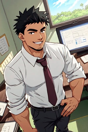 anime, 2D, Harumi Takeda, Japanese, stubble on chin, black eyes, black hair, short hair, wore white collared shirt, (open shirt),blue necktie, black pants, masculine, handsome, fit body, handsome, charming, alluring, erotic, pov, smile, office, (standing), (upper body in frame), perfect light, perfect anatomy, perfect proportions, perfect perspective, 8k, HQ, (best quality:1.2, masterpiece:1.2), perfect face, front view