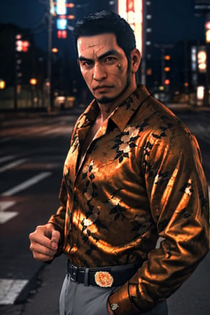 (1 image only), solo male, 1boy, Masaharu Kaito, Yakuza, 38 years old, Asian, Japanese, brown eyes, black hair, short hair, cropped black hair, chinstrap beard, small scar cuts through left eyebrow, handsome, orange and yellow and black floral silk button down shirt, fit shirt, light grey dress pants, black slip-on leather loafers, fit body, mature, manly, hunk, masculine, virile, confidence, charming, alluring, upper body in frame, night at Kabukicho Tokyo, perfect anatomy, perfect proportions, 8k, HQ, (best quality:1.5, hyperrealistic:1.5, photorealistic:1.4, madly detailed CG unity 8k wallpaper:1.5, masterpiece:1.3, madly detailed photo:1.2), (hyper-realistic lifelike texture:1.4, realistic eyes:1.2), high_resolution, picture-perfect face, perfect eye pupil, detailed eyes,  perfecteyes, perfecteyes, dutch angle