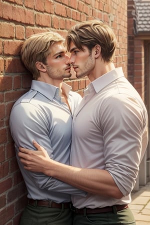 perfect anatomy, perfect proportions, perfect perspective, couple, ((2people)), first man giver (jean_kirstein, brown hair, stubble, light brown eyes),second mature man receiver(reiner braun, blond hair, stubble, hazel eyes), ((pure white collared shirt, fit shirt, roll-up sleeves)), stubble, dilf, different hair style, different hair color, different face, makeout, eye contact, gay, homo, slight shy, charming, alluring, seductive, highly detailed face, detailed eyes, perfect light, on 1910s city wall, military, retro, (best quality), (8k), (masterpiece), best quality, 1 image, rugged, manly, hunk, hug 