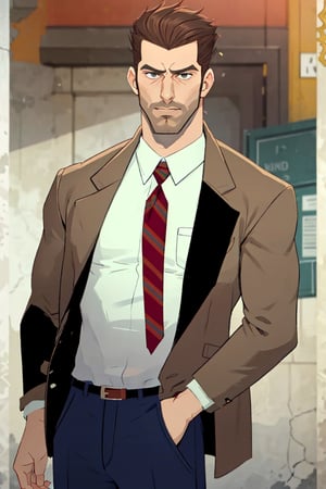 (1 image only), solo male, bara, Chase Devineaux, French, detective, brown hair, short hair, hair slicked back, brown eyes, sideburns, facial hair, broad stubble, white collared shirt, striped brown/red necktie, brown suit jacket, pants, mature, handsome, charming, alluring, standing, upper body in frame, perfect anatomy, perfect proportions, 2D, anime, (best quality, masterpiece), (perfect eyes, perfect eye pupil), high_resolution, dutch angle, perfect hands
