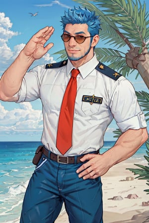 (1 image only), solo male, Wilbur, Animal Crossing, personification, pure blue hair, short hair, black eyes, blue facial hair, jawline stubble, aviation pilot uniform, white collor shirt, red necktie, epaulette, aviator sunglasses, blue pants, socks, black footwear, bandaid on nose, mature, dilf, bara, handsome, charming, alluring, grin, standing, upper body, hand in pocket, (two-finger salute), perfect anatomy, perfect proportions, (best quality, masterpiece), (perfect eyes, perfect eye pupil), perfect hands, high_resolution, dutch angle, cowboy shot, seaside, summer