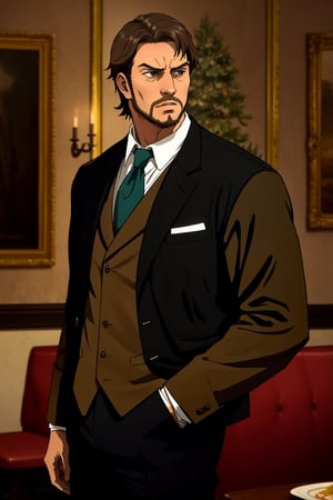 solo male, Artur Braus, shaggy brown hair, brown eyes, sideburns, stubble, 3 piect suit, white collared shirt, ((black jacket, black long jacket sleeves)), brown vest, (white cravat), black pants, middle-age, mature, handsome, charming, alluring, standing, upper body, perfect anatomy, perfect proportions, best quality, masterpiece, high_resolution, cowboy shot, photo background, vintage dining room, calm, serious,  