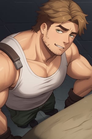 (1 image only), solo male, Gagumber, Sakugan, physical laborer worker, brown hair, two-tone hair, stubble, green eyes, thick eyebrows, ((white tank top)) , bare shoulder, bare neck, green work pants, black boots, black gloves, mature, handsome, charming, alluring, smile, ((portrait, close-up)), perfect anatomy, perfect proportions, high_resolution, dutch angle, detailed background, cyberpunk city