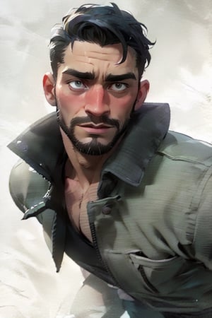 David King from Dead by Daylight, British man, full body with head inside the screen, show face, standing, (MkmCut),handsome male, rugged man, Rugged Scrapper, short hair, crew cut, black hair, light and thin stubble, fit body,
white button shirt, black Harrington Jacket, black Cargo Trousers, Roll Up Jacket Sleeves, 
virile, sexy, charming, alluring, seductive,  erotic, enchanting, masculine, 
8k, HQ, photorealistic, masterpiece:1.5, beautiful lighting, best quality, realistic, real image, intricate details, everything in razor sharp focus, perfect focus, perfect face, extremely handsome, Photograph, masterwork, supreme resolution, 32K, ultra-defined,(1man), in dark forest, creep, campfire,