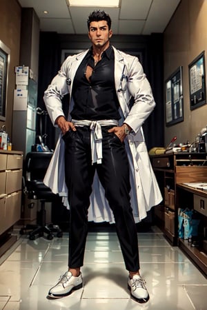 1boy, solo, Isshin Kurosaki, BLEACH, anime, tall, muscular man,(black hair), brown eyes, thin stubble around mouth and on cheeks, 40 years old, mature, (light yellow collared shirt:1.3, doctor's white robe, pure black suit pants:1.2, black shoes:1.2). manly, masculine, handsome, charming, alluring, (full body in frame), perfect light, perfect anatomy, perfect proportions, perfect perspective, 8k, HQ,  (best quality:1.2, masterpiece:1.2, madly detailed), perfect face, front view, clinic room, sexydoctor,best quality