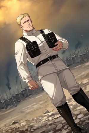 score_9, score_8_up, score_7_up, solo male, Reiner Braun, blond hair, short hair, flat hair, (facial hair, stubble:1.1), hazel eyes, ((perfect eyes, perfect mouth)), tall, (Marleyan soldier uniform, white mandarin collared shirt, high standing collars, long sleeves:1.5), ((black suspender straps, black belt, black supply packs)), white pants, black tall combat boots, handsome, charming, alluring, standing, full body, cowboy shot, dutch angle, battlefield, perfect anatomy, perfect proportions, best quality, masterpiece, high_resolution
