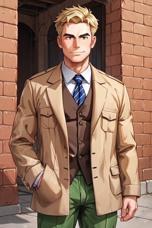 solo male, Reiner Braun, blond hair, short hair, facial hair, stubble, hazel eyes, thin eyebows, blond eyebows, (masculine, mature), (pure white collared shirt:1.2), light-brown trench coat, (long coat, open coat:1.2), military dark green pants, black combat boots, handsome, charming, alluring, standing, upper body, slight smile, mouth, perfect anatomy, perfect proportions, best quality, masterpiece, high_resolution, dutch angle, cowboy shot, photo background, score_9_up, historical europe ciry, brick walls